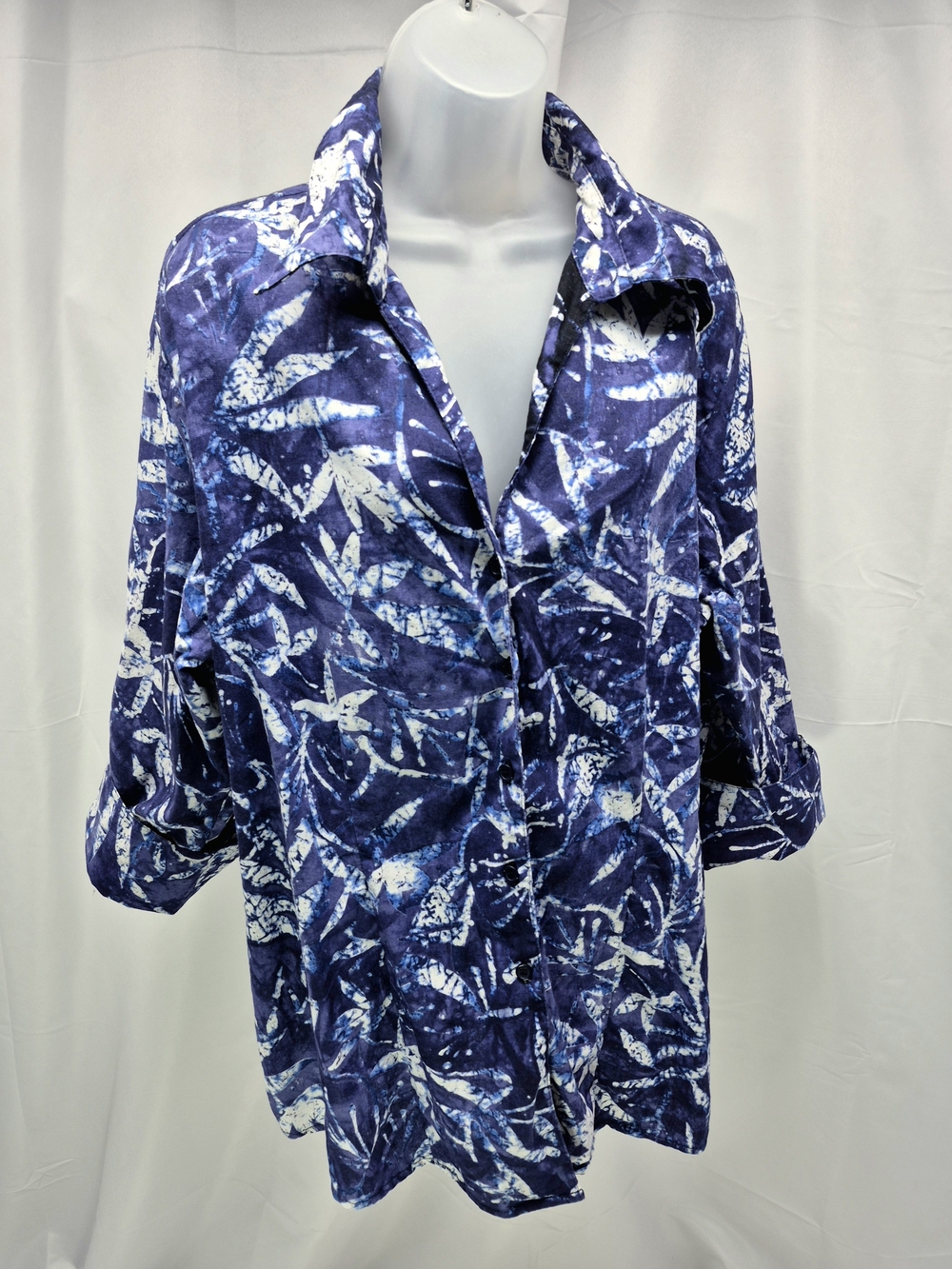 VTG Harve Bernard 1X Batik Tropical Leaf Print Button Down Shacket Blouse
